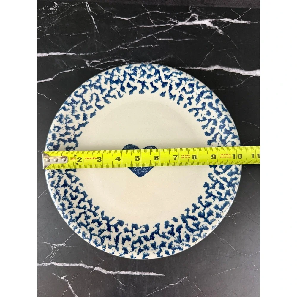 VTG Tienshen Folk Craft Hearts Blue White Spongeware 10 3/8in Dinner Plate READ